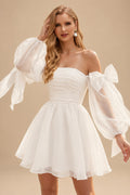 Rutipo Ivory Princess Puff Long Sleeves Short Wedding Dresses With Bows