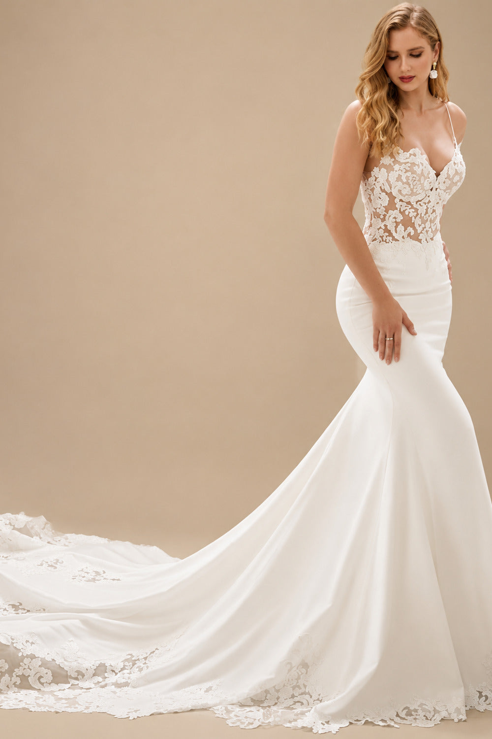 Rutipo Ivory Flattering Mermaid Classic Spaghetti Straps Lace Elastic Satin Wedding Dresses