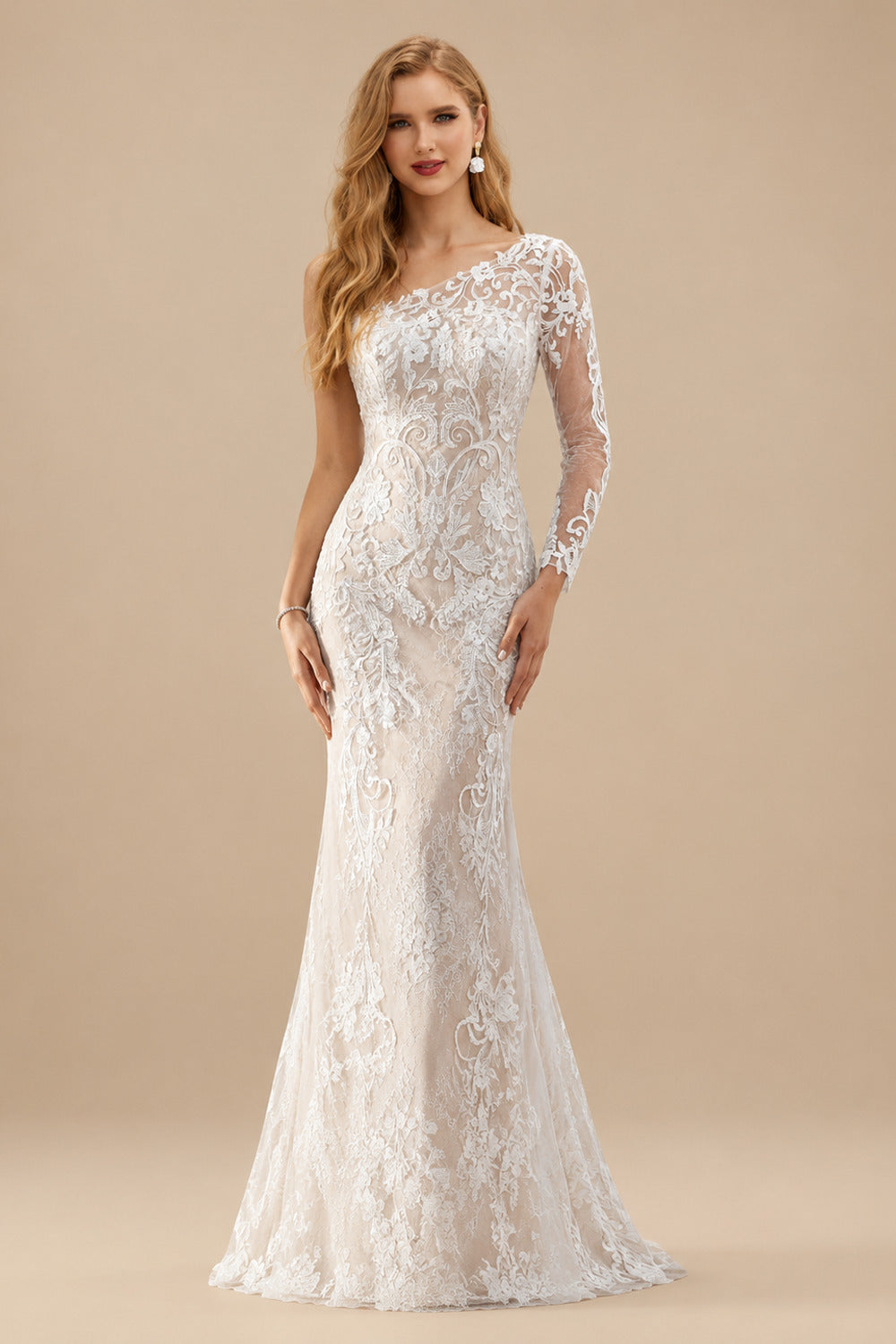Rutipo As Picture Luxury Lace One-Shoulder Long Sleeves Mermaid Wedding Dresses
