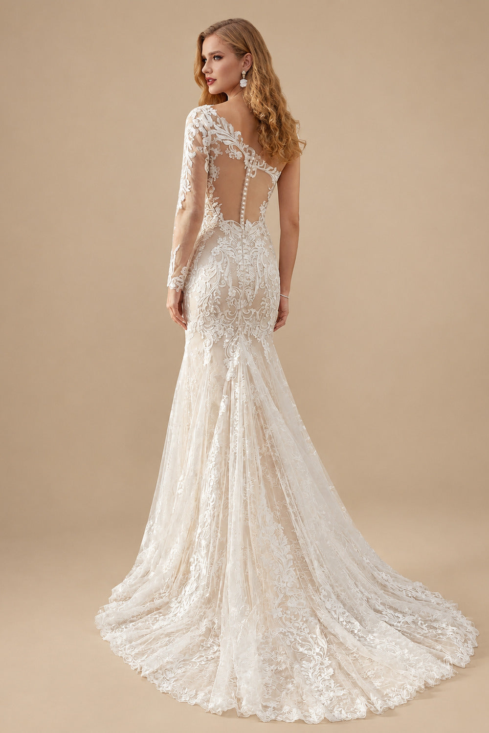 Rutipo As Picture Luxury Lace One-Shoulder Long Sleeves Mermaid Wedding Dresses