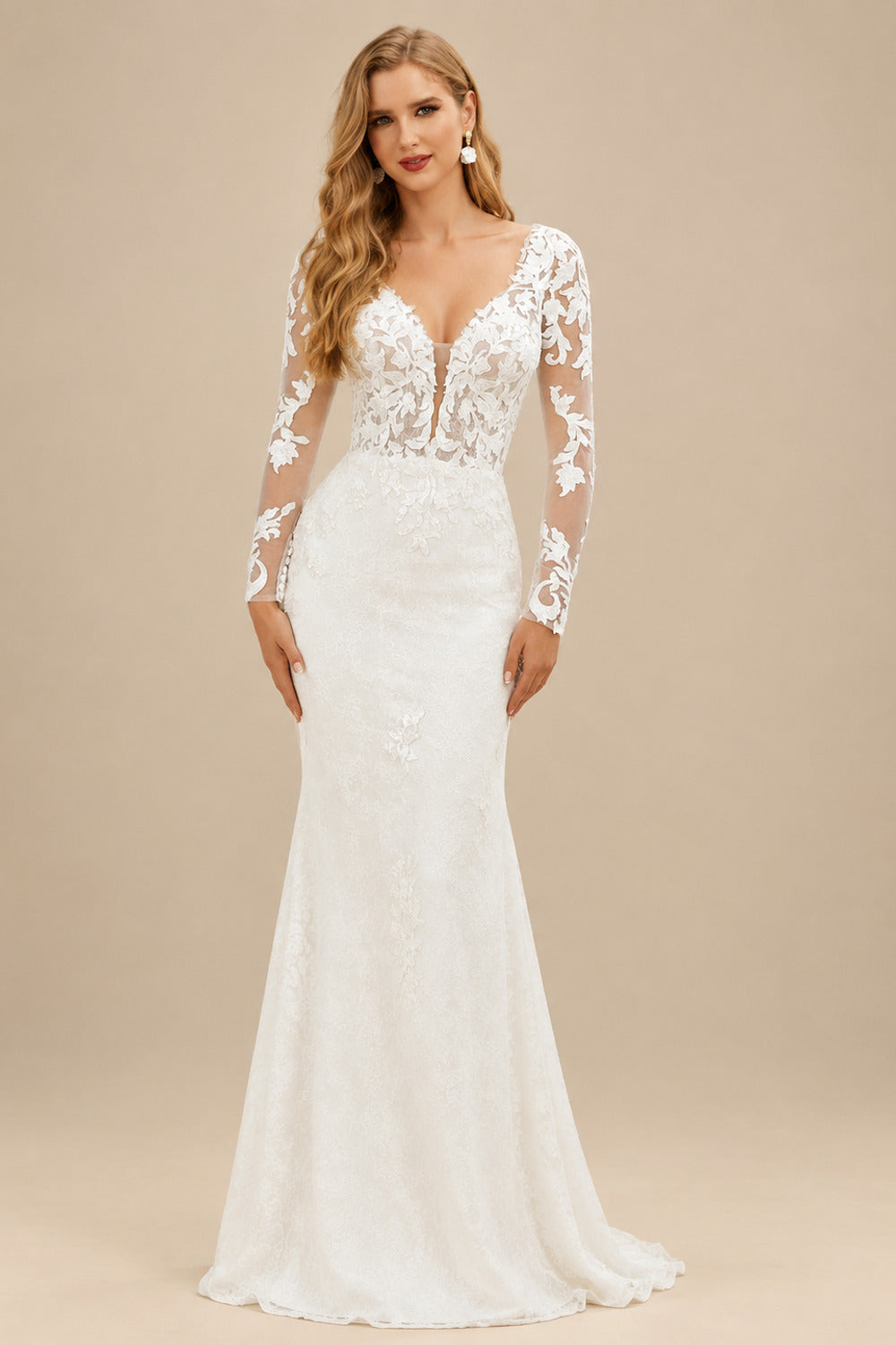 Rutipo Ivory Luxury Lace Semi Sheer LIlusion Sleeves And Back Mermaid Wedding Dresses With Lace Cathedral Train