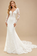 Rutipo Ivory Luxury Lace Semi Sheer LIlusion Sleeves And Back Mermaid Wedding Dresses With Lace Cathedral Train