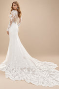 Rutipo Ivory Luxury Lace Semi Sheer LIlusion Sleeves And Back Mermaid Wedding Dresses With Lace Cathedral Train