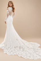 Rutipo Ivory Luxury Lace Semi Sheer LIlusion Sleeves And Back Mermaid Wedding Dresses With Lace Cathedral Train