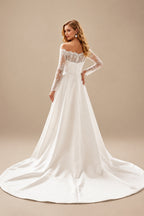 Rutipo Ivory Trumpet/Mermaid Off-The-Shoulder Long Sleeves Satin Wedding Dresses With Appliques Lace