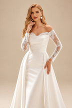 Rutipo Ivory Trumpet/Mermaid Off-The-Shoulder Long Sleeves Satin Wedding Dresses With Appliques Lace