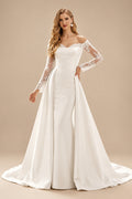 Rutipo Ivory Trumpet/Mermaid Off-The-Shoulder Long Sleeves Satin Wedding Dresses With Appliques Lace