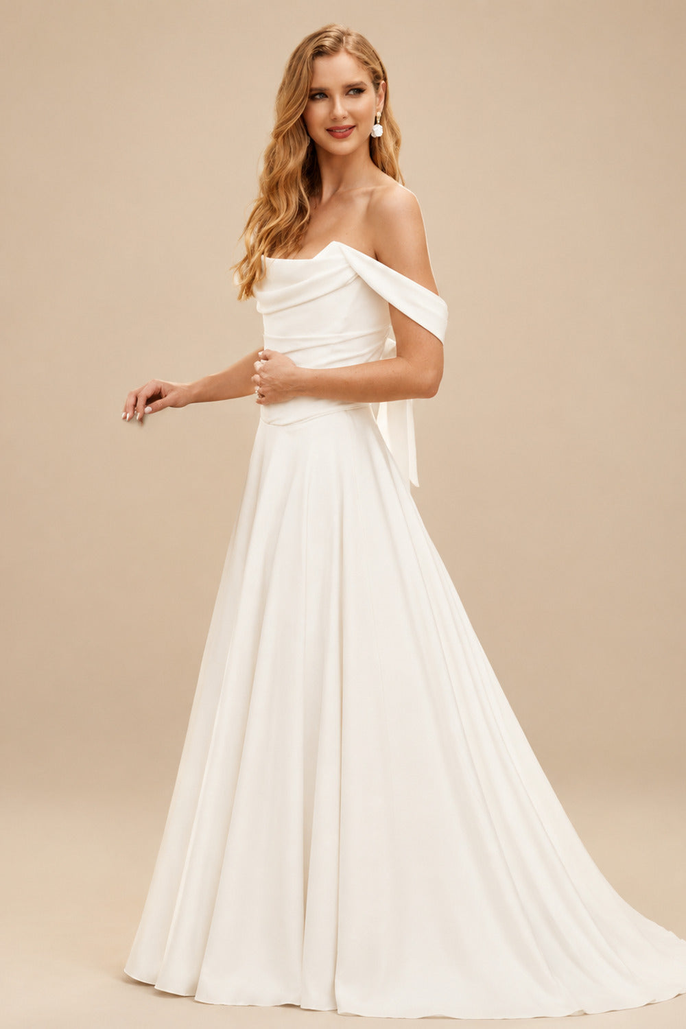 Rutipo Ivory A-Line Off-The-Shoulder Sleeveless Court Train Stretch Satin BRIDE With Ruffle
