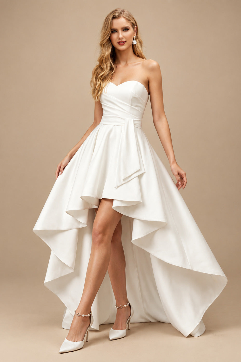 Rutipo Ivory Ball-Gown Sweetheart Symmetrical Satin Wedding Dresses With Cascading Ruffles