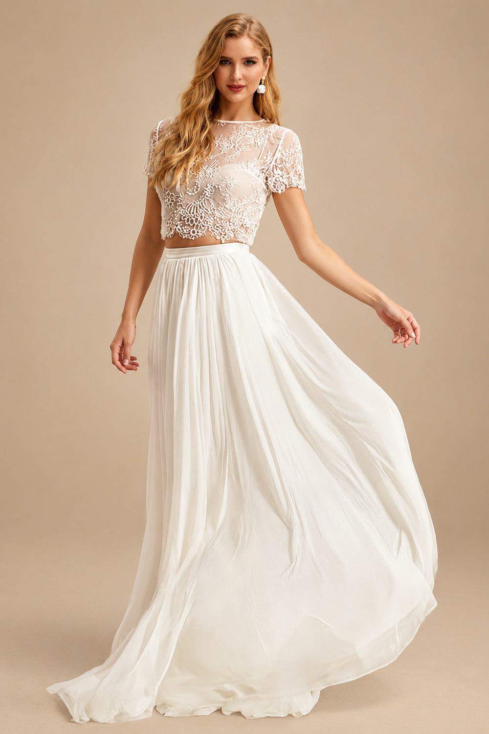 Rutipo As Picture Two-Piece Wedding Dresses With Chiffon Lace Short Sleeves A-Line Bridal Dress