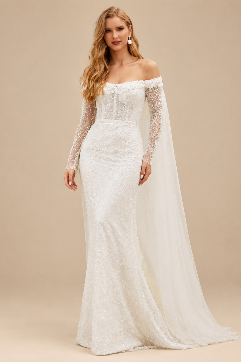 Rutipo Ivory Sparkle Off-Shoulder Collar Draping Open Back Wedding Dresses With Detachable Skirt