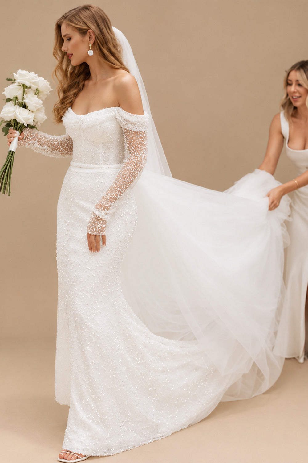 Rutipo Ivory Sparkle Off-Shoulder Collar Draping Open Back Wedding Dresses With Detachable Skirt