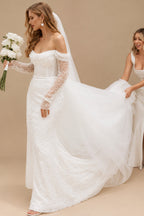 Rutipo Ivory Sparkle Off-Shoulder Collar Draping Open Back Wedding Dresses With Detachable Skirt