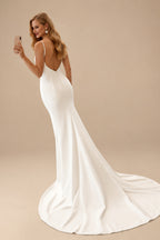 Rutipo Ivory Mermaid V-Neck Sleeveless Court Train Elastic Satin Wedding Dresses