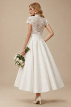 Rutipo Ivory Ball-Gown V-Neck Short Sleeves Tea-Length Lace/Satin Wedding Dresses