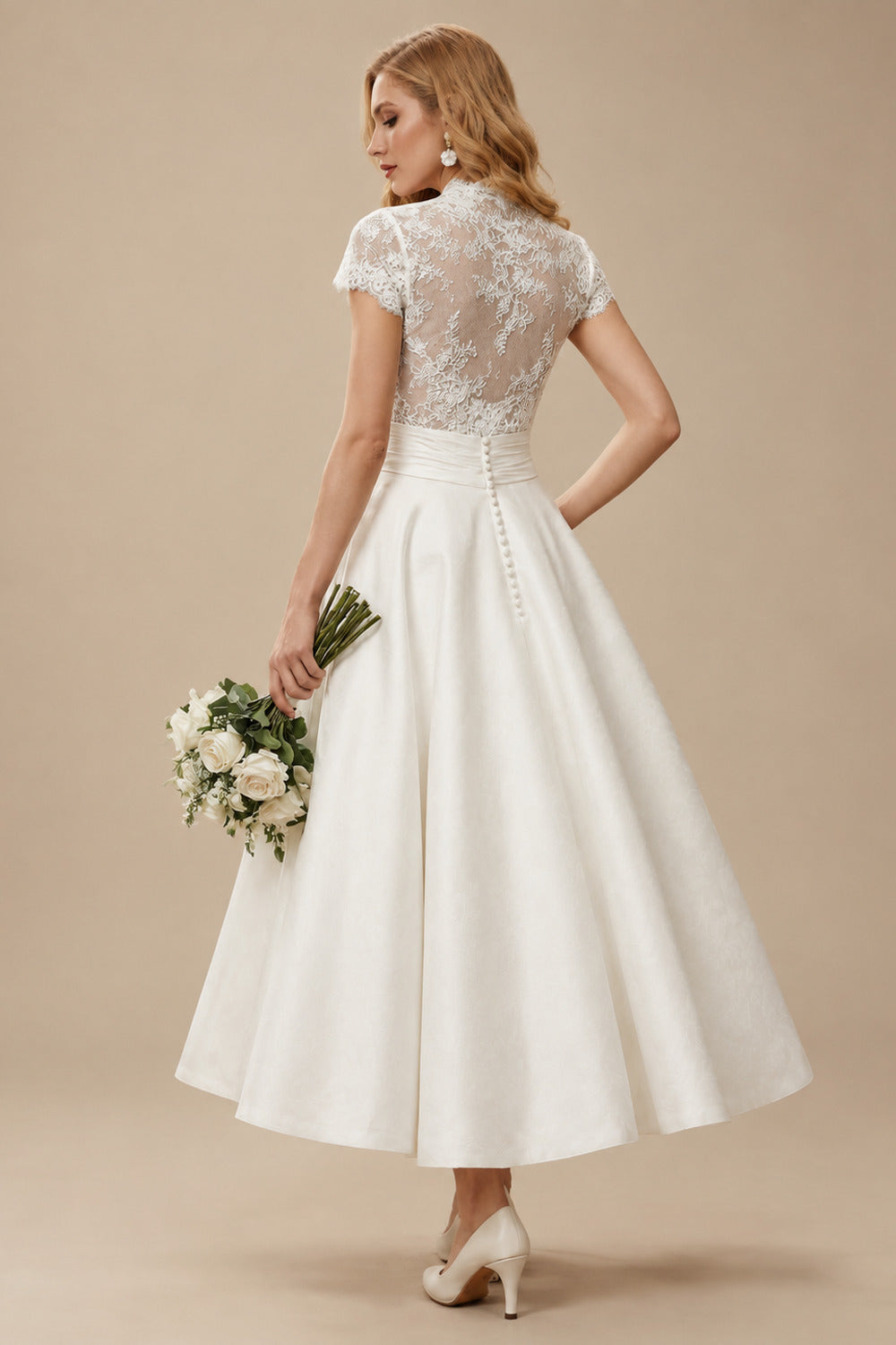 Rutipo Ivory Ball-Gown V-Neck Short Sleeves Tea-Length Lace/Satin Wedding Dresses