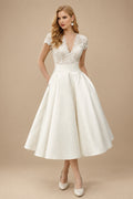 Rutipo Ivory Ball-Gown V-Neck Short Sleeves Tea-Length Lace/Satin Wedding Dresses