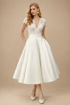 Rutipo Ivory Ball-Gown V-Neck Short Sleeves Tea-Length Lace/Satin Wedding Dresses