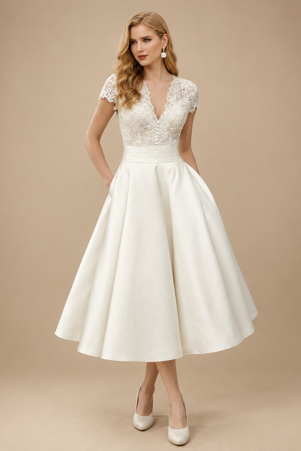 Rutipo Ivory Ball-Gown V-Neck Short Sleeves Tea-Length Lace/Satin Wedding Dresses