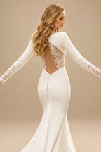 Rutipo Ivory Trumpet/Mermaid V-Neck Long Sleeves Elegant Lace/Elastic Satin Wedding Dresses