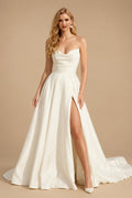 Rutipo Ivory A-Line Sweetheart Vintage Satin Wedding Dresses With Split Front