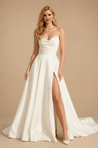 Rutipo Ivory A-Line Sweetheart Vintage Satin Wedding Dresses With Split Front