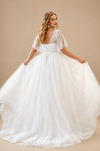 Rutipo Ivory A-Line V-Neck Short Sleeves Court Train Lace/Tulle Wedding Dresses With Appliques Lace