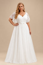 Rutipo Ivory A-Line V-Neck Short Sleeves Court Train Lace/Tulle Wedding Dresses With Appliques Lace
