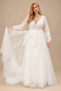 Rutipo Ivory Boho Plus Size A-Line Long Sleeves Lace Wedding Dresses With V-Neck Sweep Train