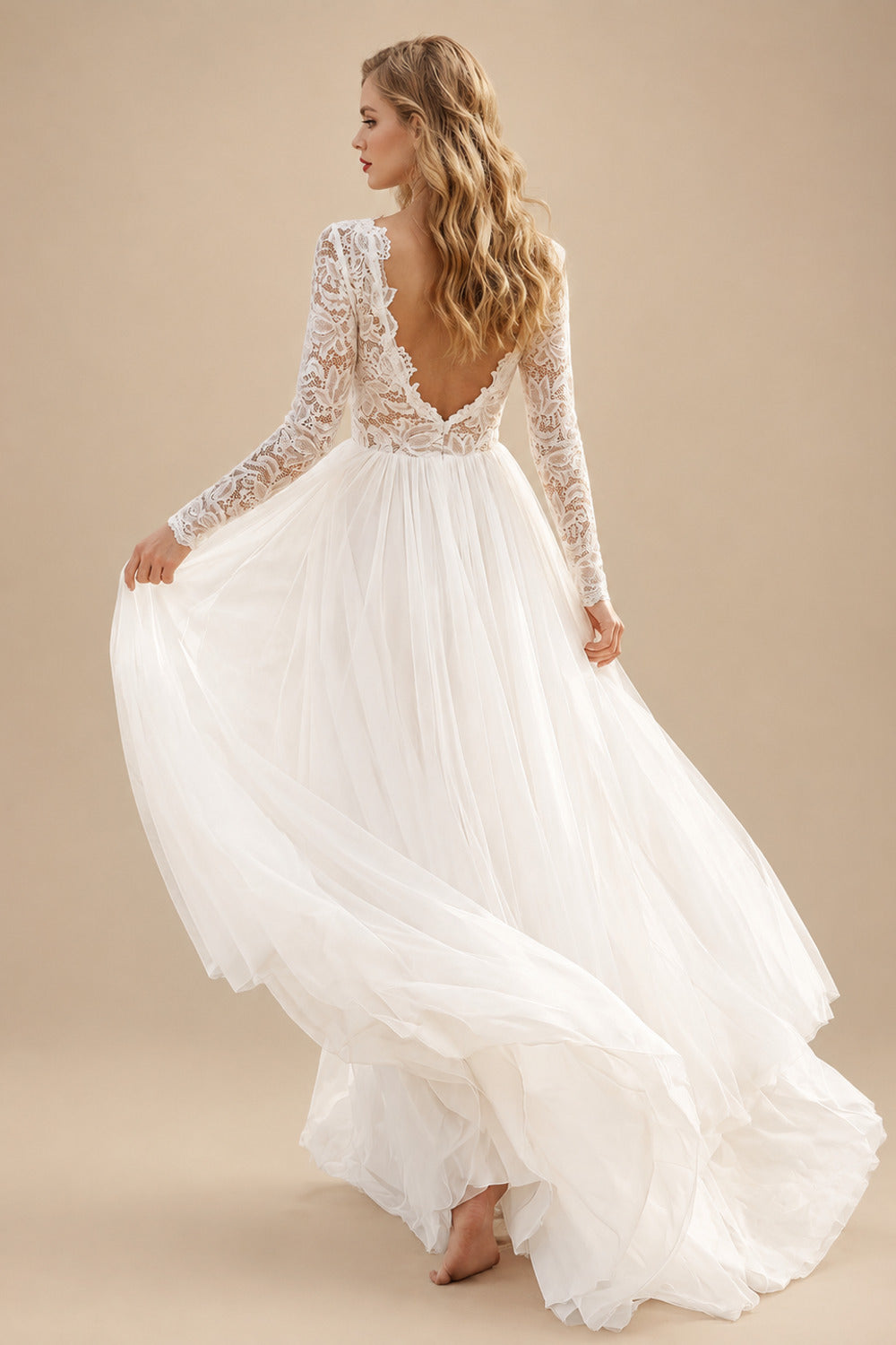 Rutipo Ivory Boho Lace Tulle A-Line Wedding Dresses With Long Sleeves