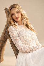 Rutipo Ivory Boho Lace Tulle A-Line Wedding Dresses With Long Sleeves
