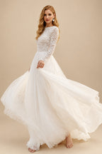 Rutipo Ivory Boho Lace Tulle A-Line Wedding Dresses With Long Sleeves
