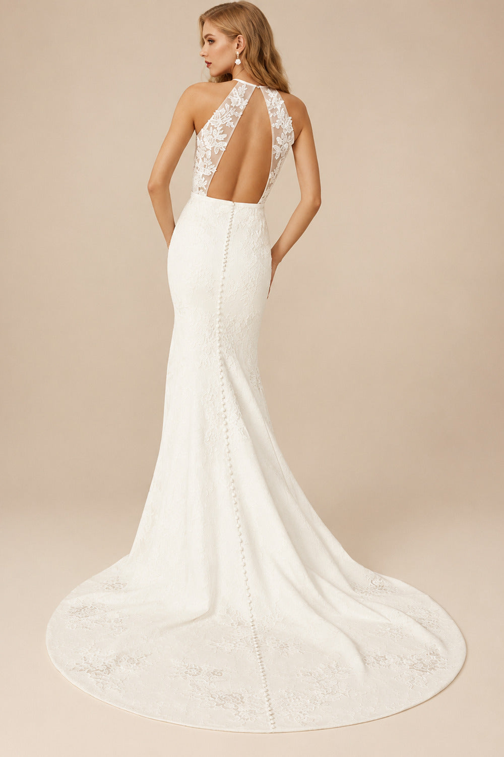 Rutipo Ivory Mermaid Halter Sleeveless Sweep Train Elastic Satin Wedding Dresses With Appliques Lace