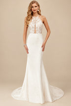 Rutipo Ivory Mermaid Halter Sleeveless Sweep Train Elastic Satin Wedding Dresses With Appliques Lace