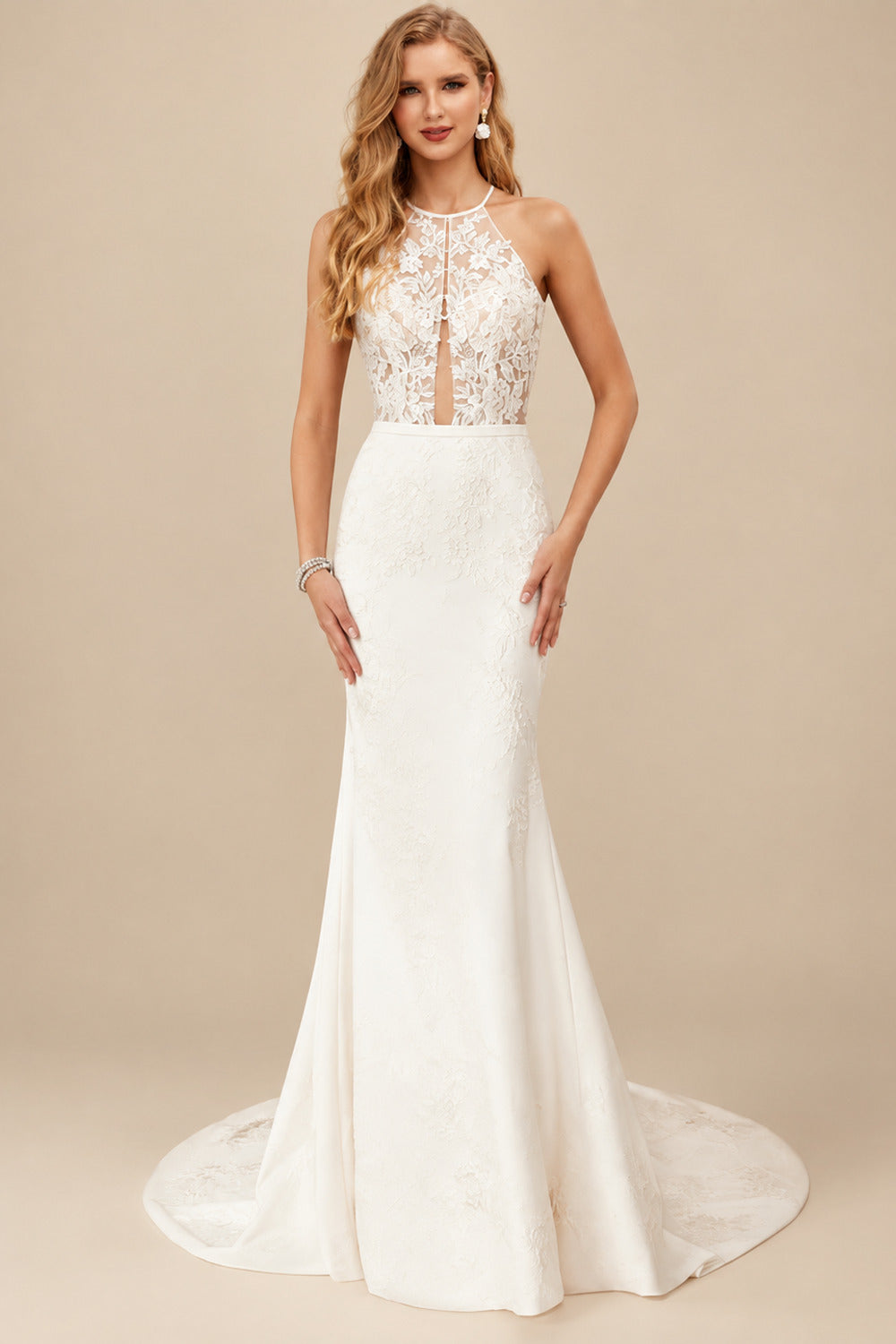 Rutipo Ivory Mermaid Halter Sleeveless Sweep Train Elastic Satin Wedding Dresses With Appliques Lace