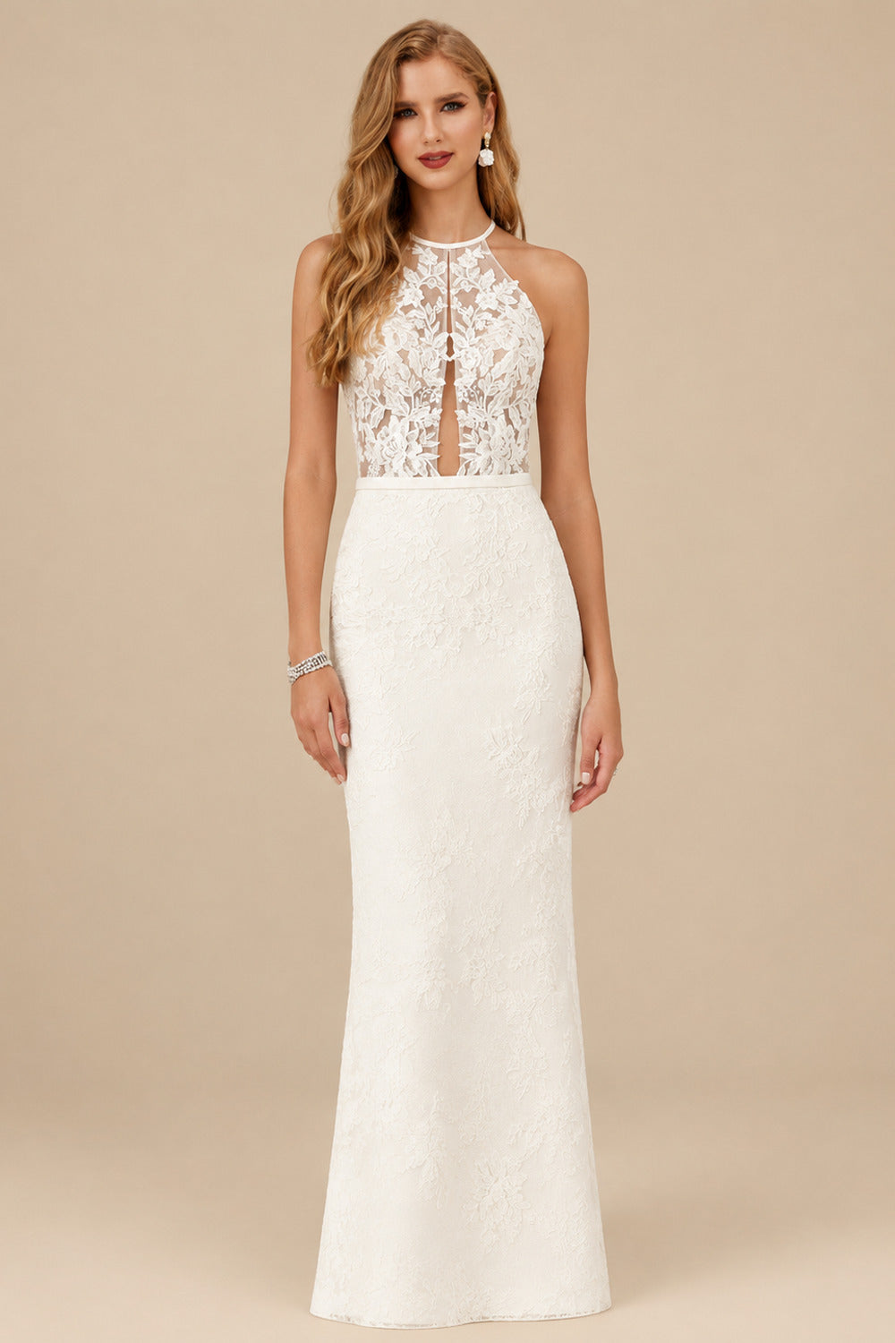 Rutipo Ivory Mermaid Halter Sleeveless Sweep Train Elastic Satin Wedding Dresses With Appliques Lace