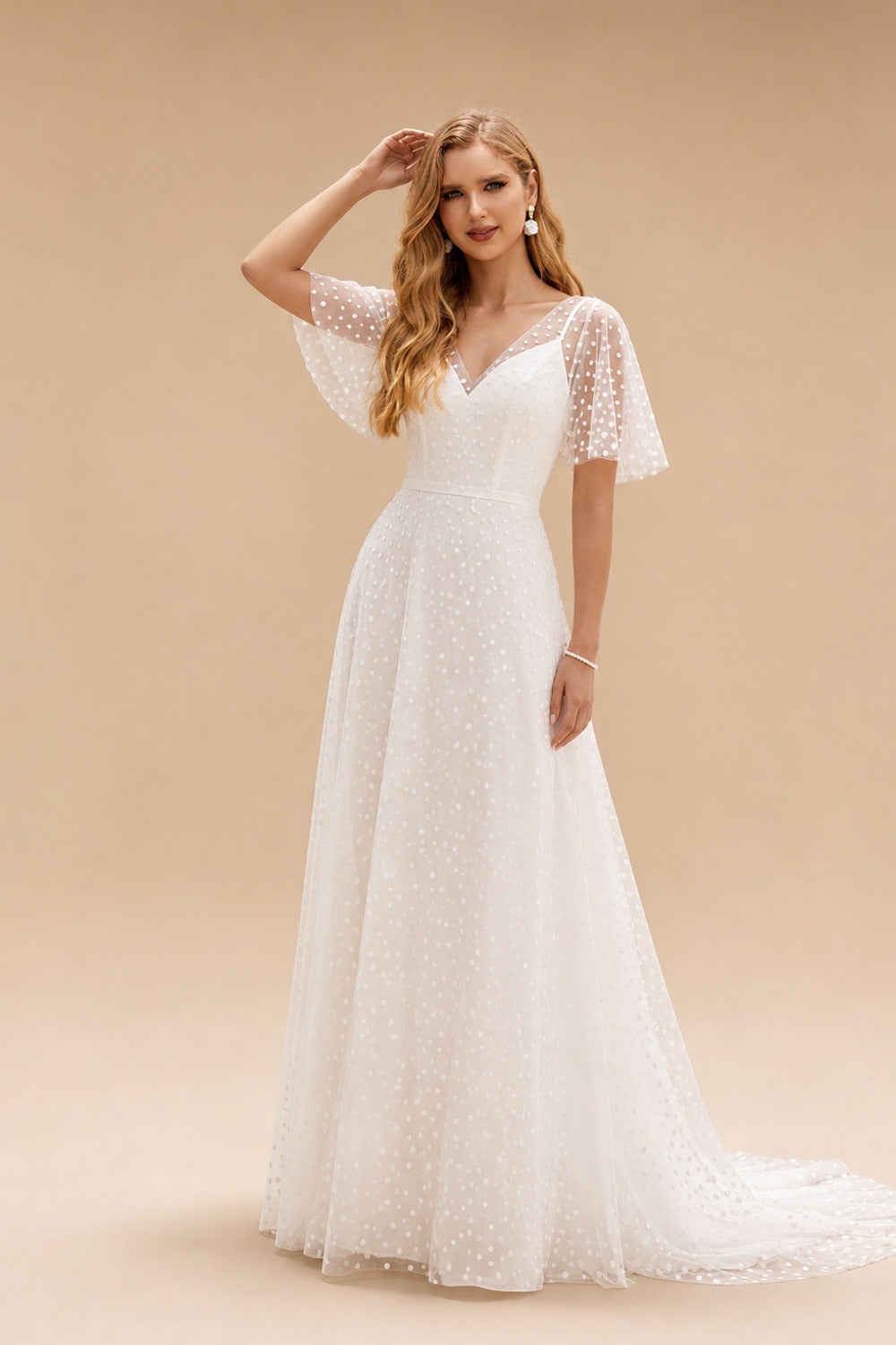 Rutipo Ivory A-Line V-Neck Short Sleeves Sweep Train Lace Wedding Dresses