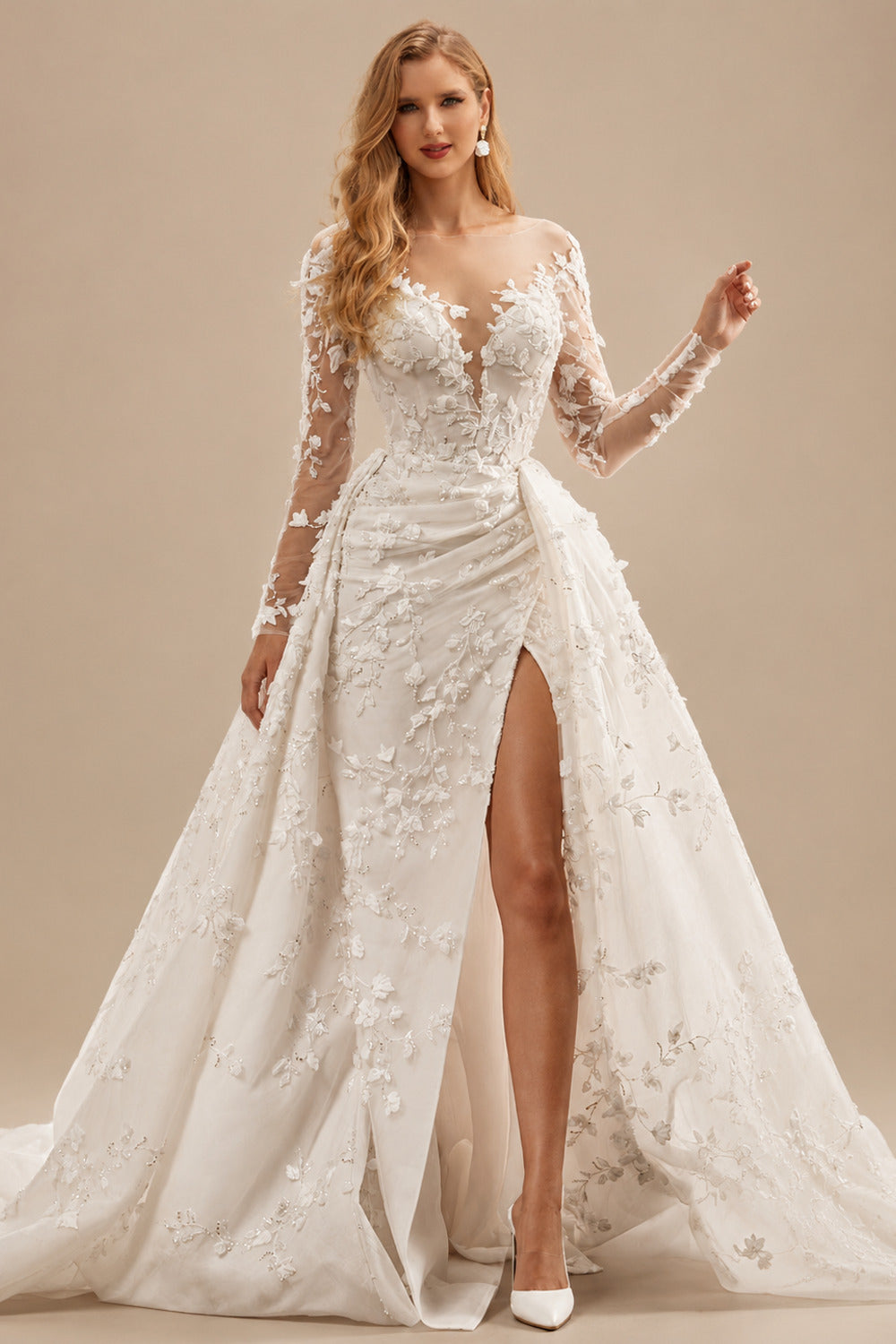 Rutipo As Picture Luxury Lace Long Sleeves Slit Wedding Dresses