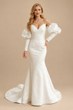 Rutipo Ivory Trumpet/Mermaid Elegant Long Sleeves Court Train Satin Wedding Dresses