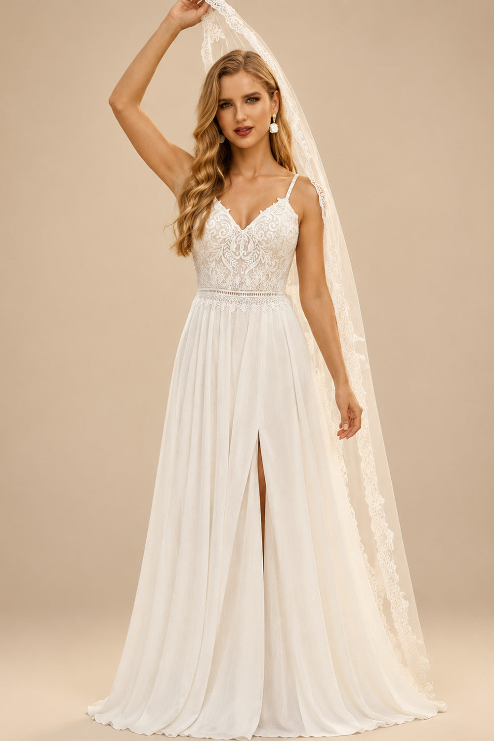 Rutipo Ivory A-Line V-Neck Sleeveless Sweep Train Wedding Dresses With Split Front