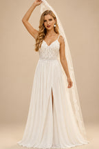 Rutipo Ivory A-Line V-Neck Sleeveless Sweep Train Wedding Dresses With Split Front