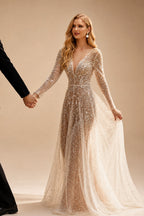 Rutipo As Picture Boho Sequin V-Neck Long Sleeves Sweep Train Wedding Dresses