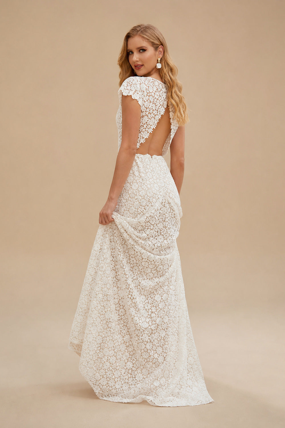 Rutipo Ivory Sheath/Column Short Sleeves Floor-Length Lace Wedding Dresses