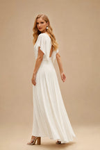 Rutipo Ivory Sheath/Column Short Sleeves Floor-Length Lace Wedding Dresses