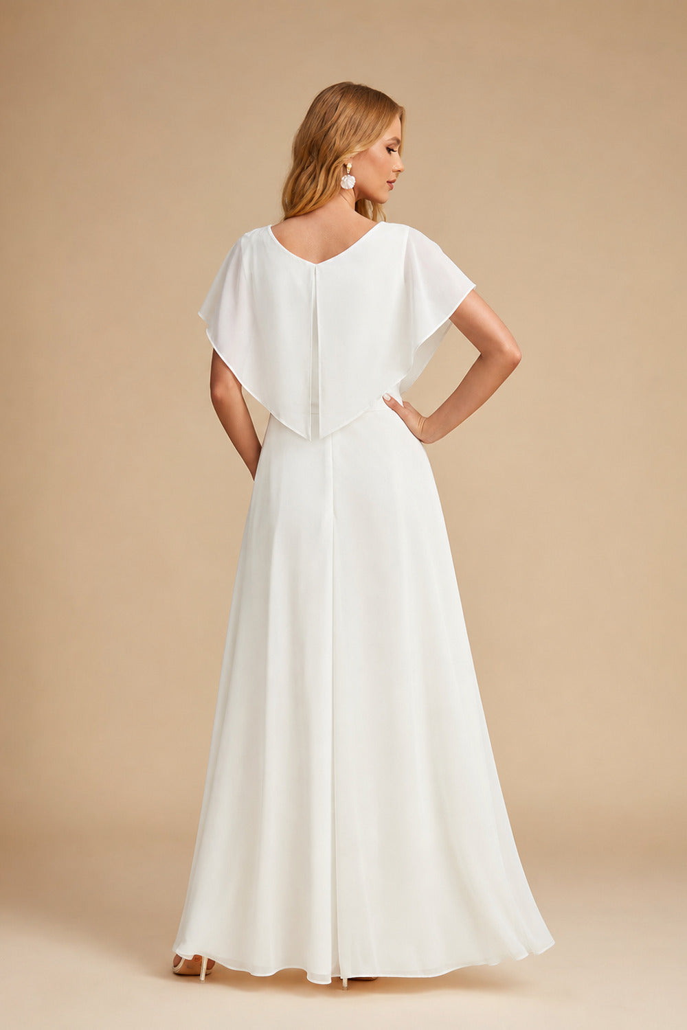 Rutipo Ivory Sheath/Column Short Sleeves Floor-Length Lace Wedding Dresses