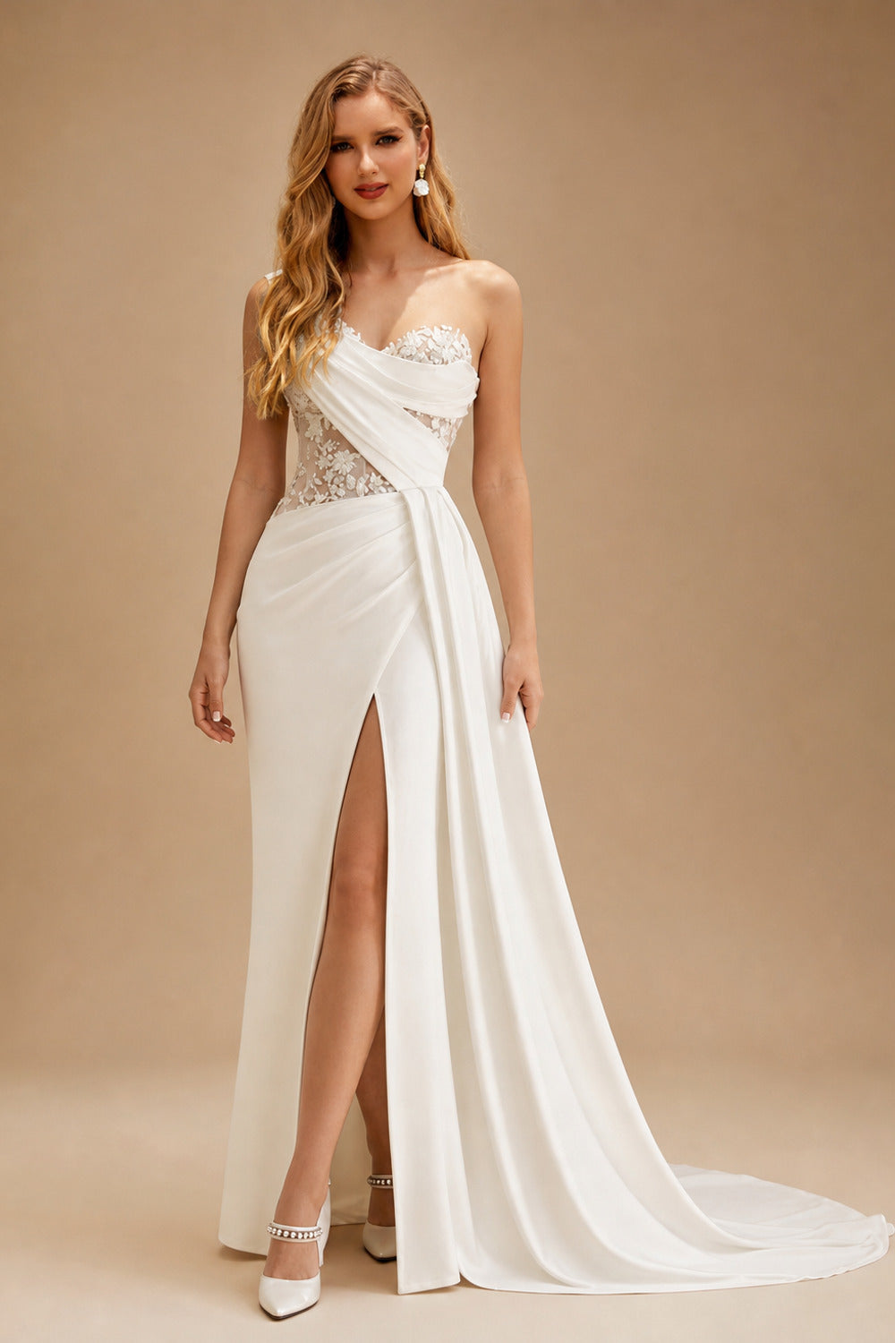 Rutipo Ivory Exquisite Ruched One-Shoulder Illusion Corset Wedding Dresses With 3D Floral