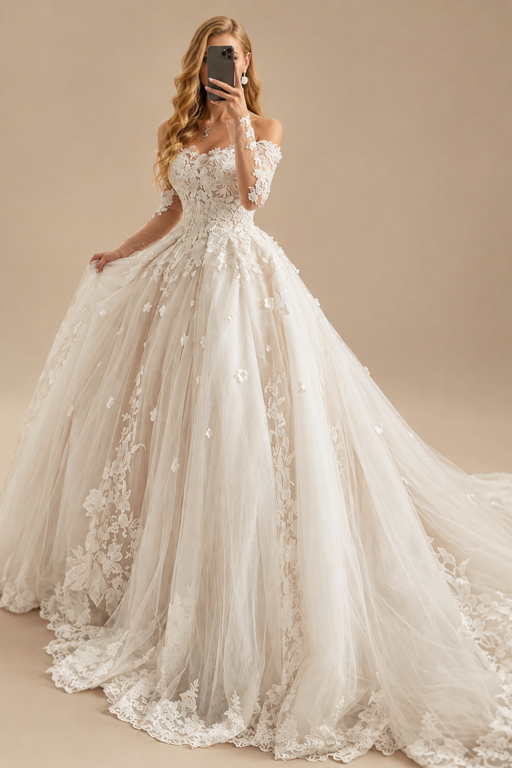 Rutipo As Picture Ball-Gown Off-The-Shoulder Long Sleeves Lace/Tulle Wedding Dresses