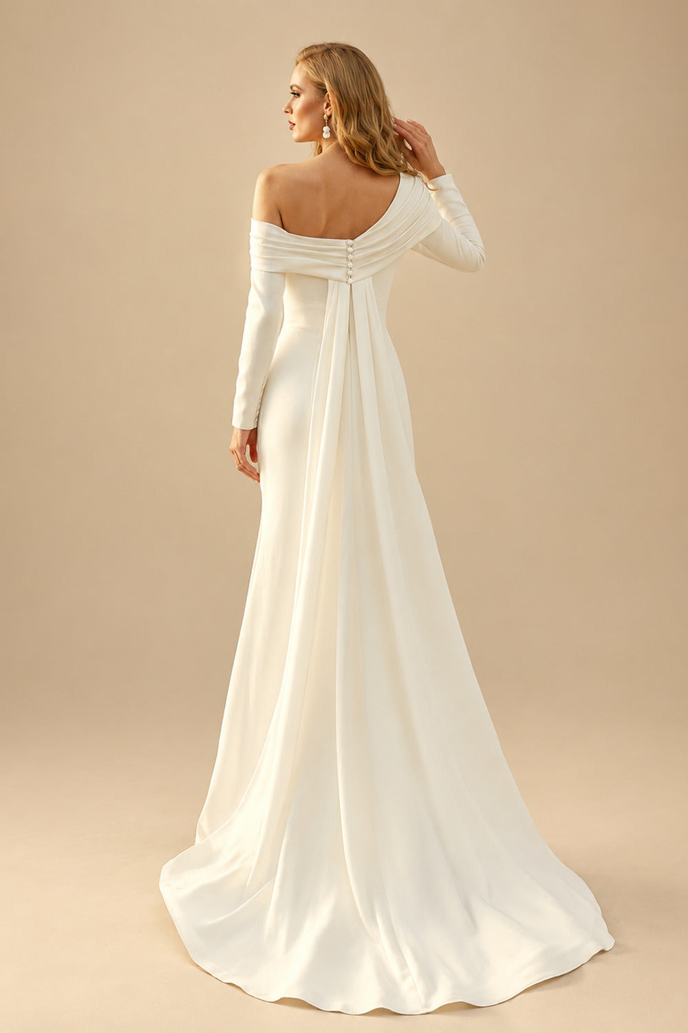 Rutipo Ivory Sheath/Column Asymmetrical Neckline Long Sleeves Sweep Train Wedding Dresses