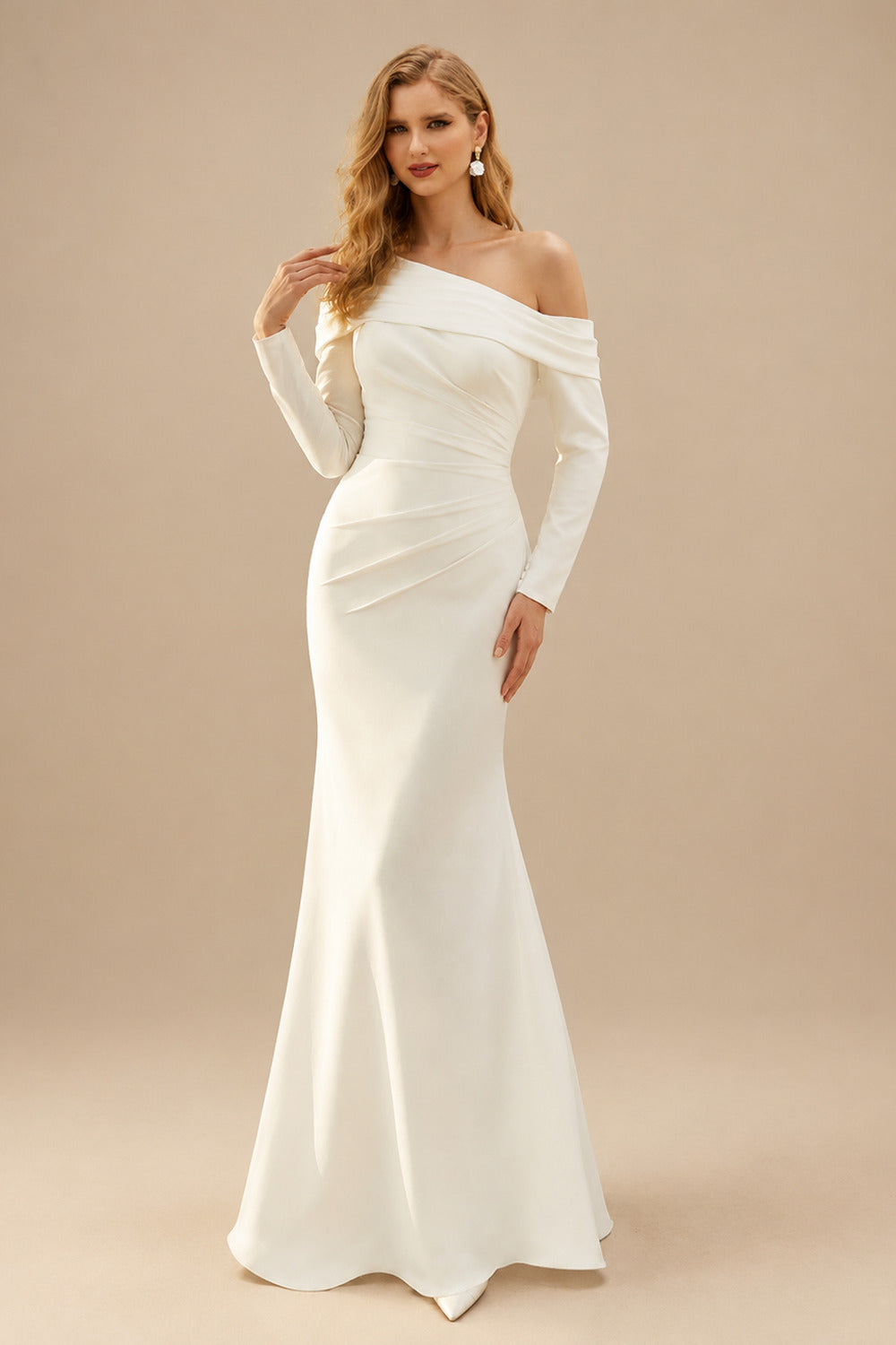 Rutipo Ivory Sheath/Column Asymmetrical Neckline Long Sleeves Sweep Train Wedding Dresses