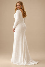 Rutipo Ivory Sheath/Column V-Neck Long Sleeves Sequined Plus Size Wedding Dresses With Split Front